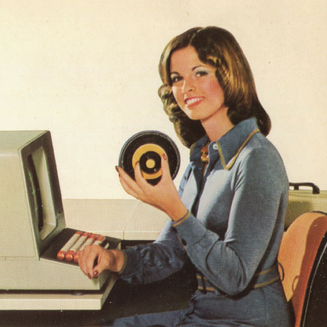 illustration of a woman working on a photo typesetting machine